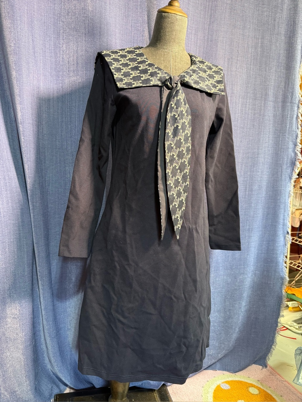 Navy Long-Sleeve Sailor Collar Dress with Tie